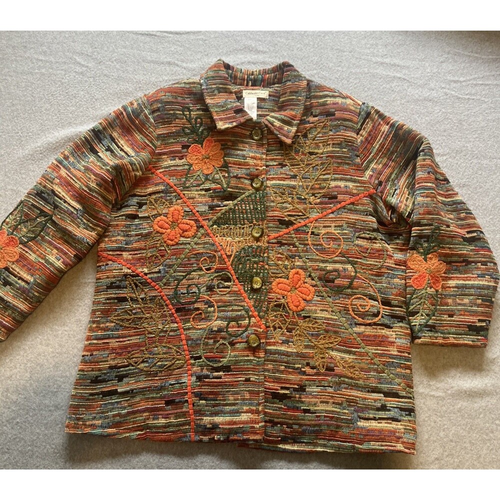Vintage Coldwater Creek Embroidered Floral Jacket 2X Striped Folk Boho Retro Art